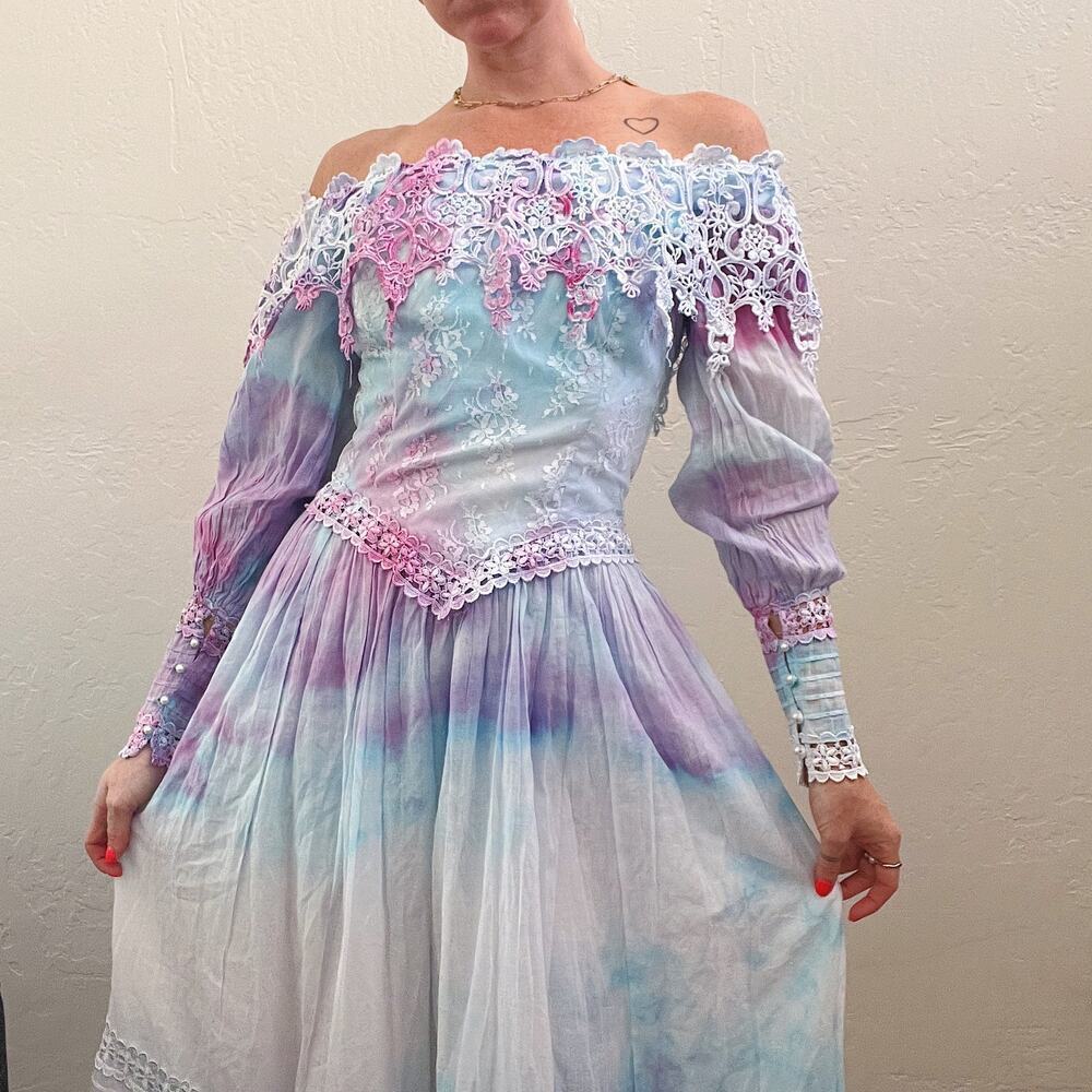 Vintage 1980's Jessica McClintock Tie Dye Midi Dress - Picture 7 of 7